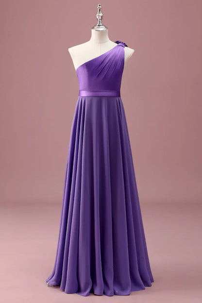 Junior Bridesmaid Dress A Line One Shoulder Sleeveless Pleated Exquisite Long Girl Formal Dress