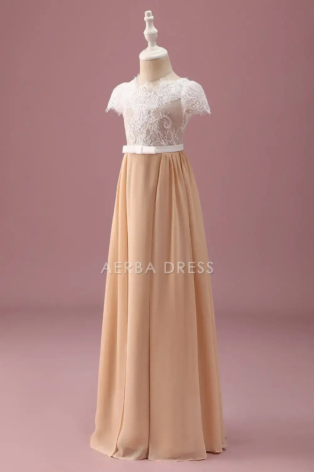 Junior Bridesmaid Dress A Line Round Neck Cap Sleeve Pleated Lace Retro Long Girl Formal Dress