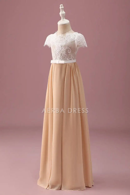 Junior Bridesmaid Dress A Line Round Neck Cap Sleeve Pleated Lace Retro Long Girl Formal Dress