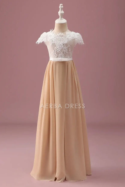 Junior Bridesmaid Dress A Line Round Neck Cap Sleeve Pleated Lace Retro Long Girl Formal Dress