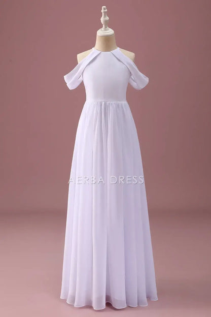 Junior Bridesmaid Dress A Line Round Neck Off The Shoulder Ruched Elegant Simple Long Girl Formal Dress