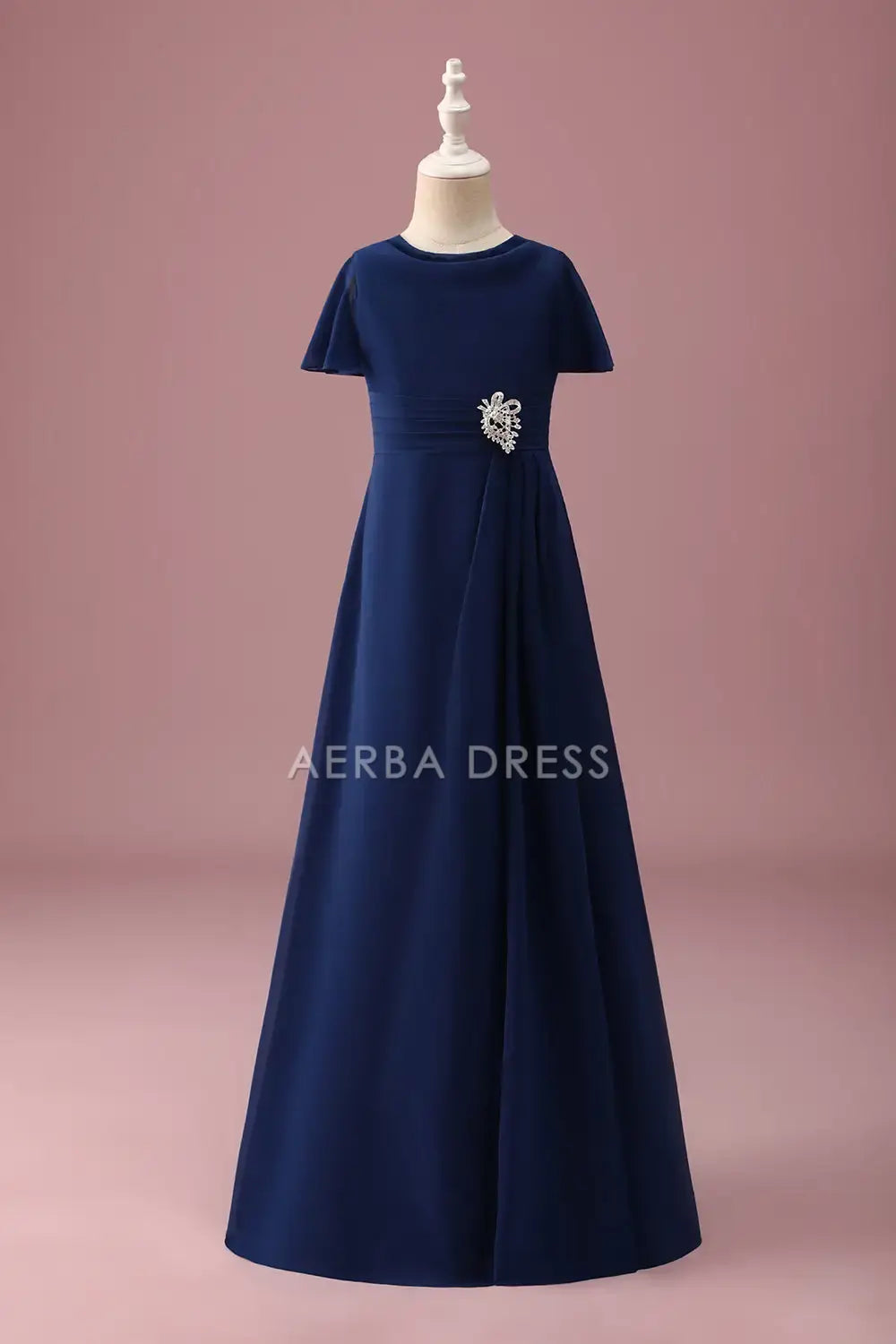Junior Bridesmaid Dress A Line Round Neck Short Sleeve Pleated Beadwork Elegant Girl Formal Dress