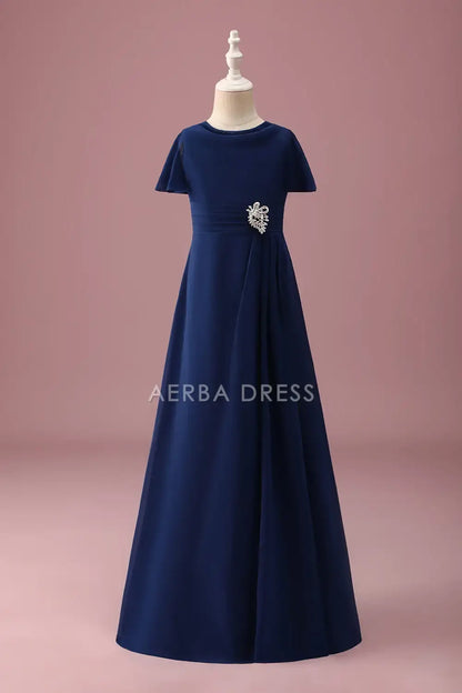 Junior Bridesmaid Dress A Line Round Neck Short Sleeve Pleated Beadwork Elegant Girl Formal Dress
