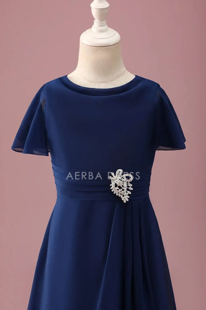 Junior Bridesmaid Dress A Line Round Neck Short Sleeve Pleated Beadwork Elegant Girl Formal Dress