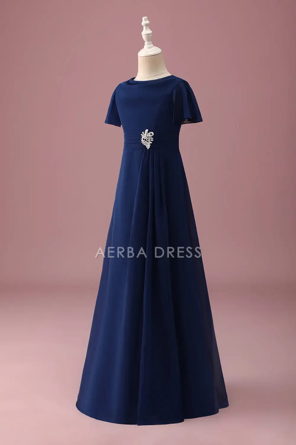 Junior Bridesmaid Dress A Line Round Neck Short Sleeve Pleated Beadwork Elegant Girl Formal Dress