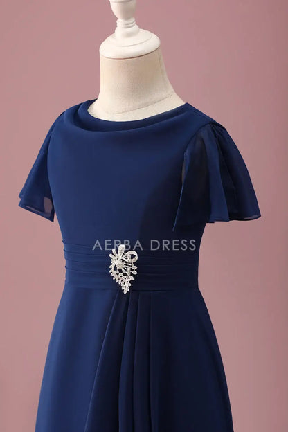 Junior Bridesmaid Dress A Line Round Neck Short Sleeve Pleated Beadwork Elegant Girl Formal Dress