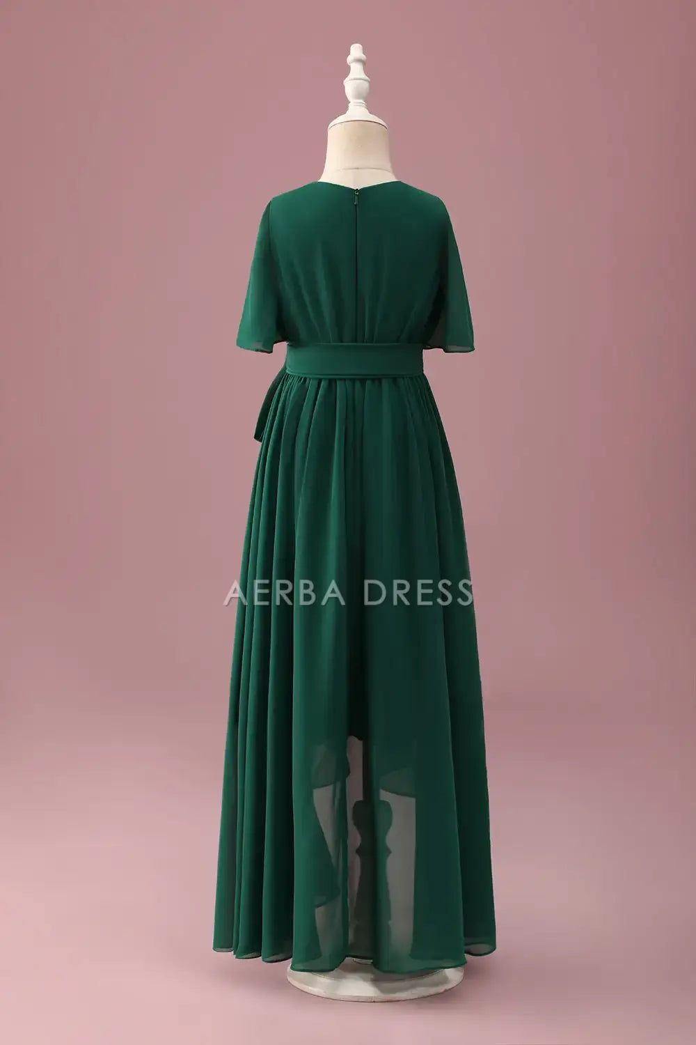 Junior Bridesmaid Dress A Line Round Neck Short Sleeves Ruched High-Low Hemline Elegant Long Girl Formal Dress