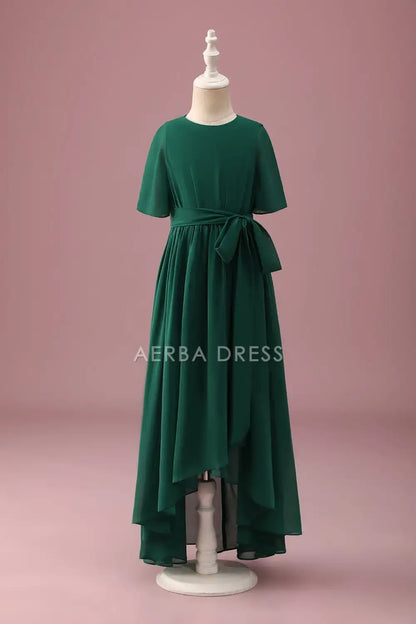 Junior Bridesmaid Dress A Line Round Neck Short Sleeves Ruched High-Low Hemline Elegant Long Girl Formal Dress