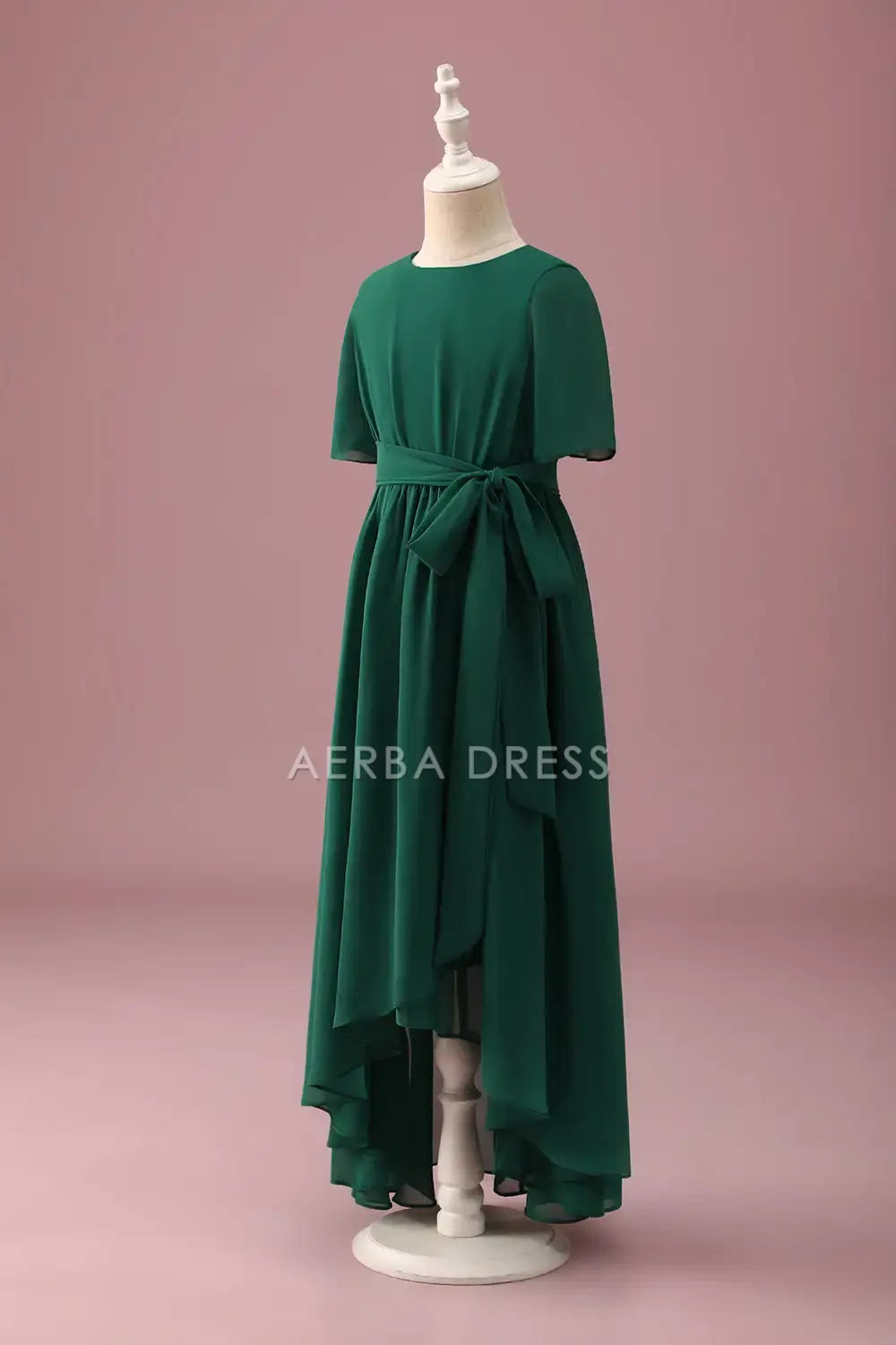 Junior Bridesmaid Dress A Line Round Neck Short Sleeves Ruched High-Low Hemline Elegant Long Girl Formal Dress