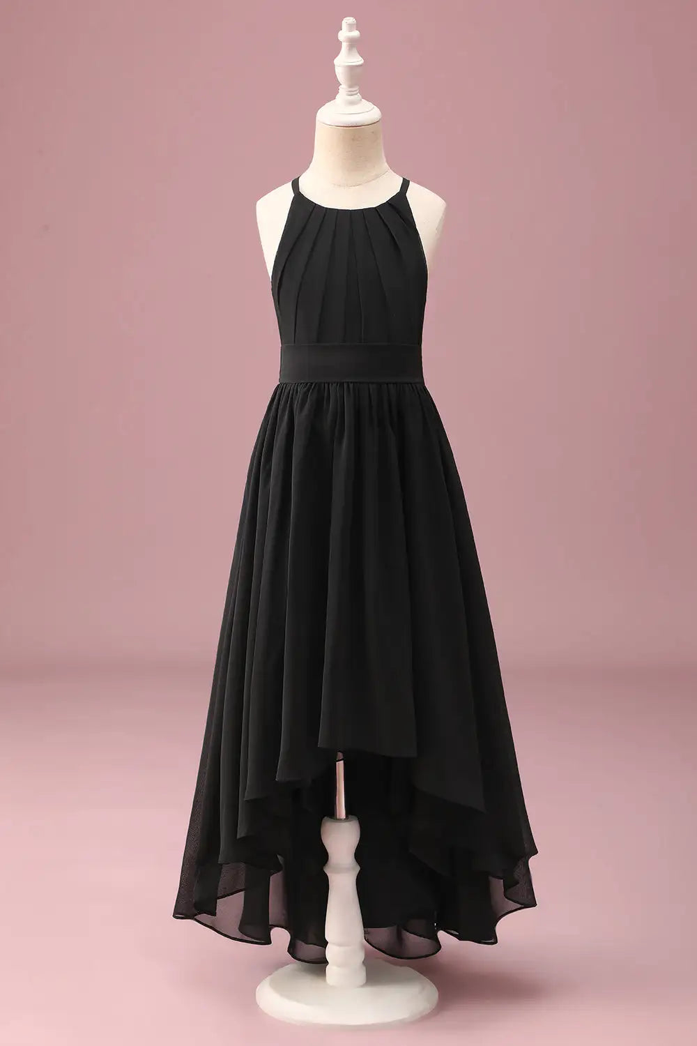 Junior Bridesmaid Dress A Line Spaghetti Strap Round Neck Backless Ruched High Low With Belt Fashion Girl Formal Dress