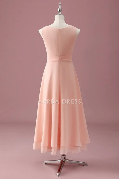 Junior Bridesmaid Dress A Line Square Neck Sleeveless Pleated Double-Layer Hemline Exquisite Girl Formal Dress