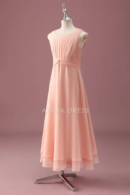 Junior Bridesmaid Dress A Line Square Neck Sleeveless Pleated Double-Layer Hemline Exquisite Girl Formal Dress