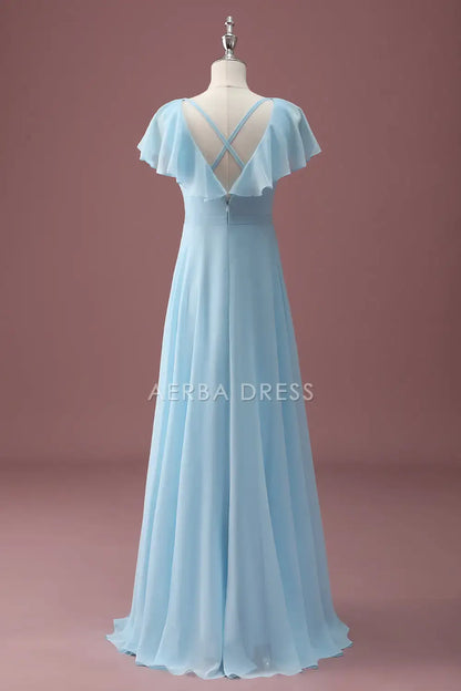 Junior Bridesmaid Dress A Line V-Neck Flowy Sleeve Backless Ruched Fantastic Long Girl Formal Dress