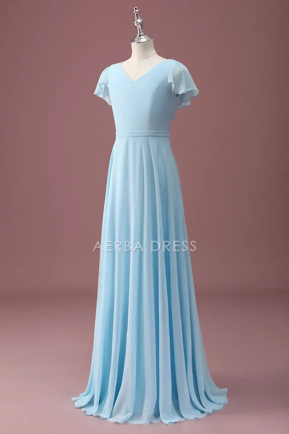 Junior Bridesmaid Dress A Line V-Neck Flowy Sleeve Backless Ruched Fantastic Long Girl Formal Dress