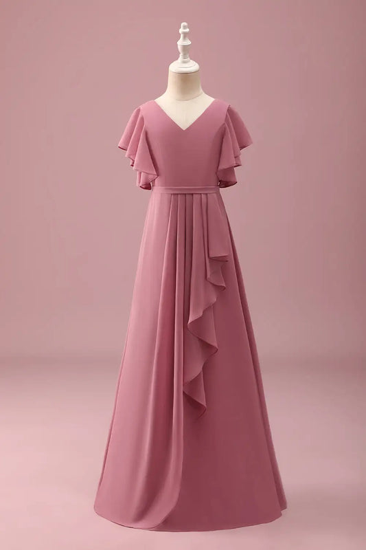 Junior Bridesmaid Dress A Line V Neck Flowy Sleeve Ruched Exquisite Girl Formal Dress
