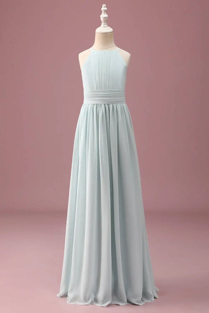 Junior Bridesmaid Dress A-Line Halter Sleeveless Pleated Elegant Simple Long Girl Formal Dress