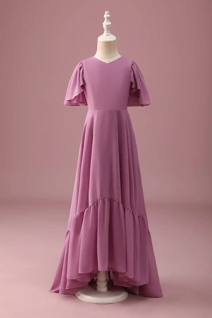 Junior Bridesmaid Dress A-Line V Neck Flowy Sleeve Ruched High-Low Fashion Long Girl Formal Dress