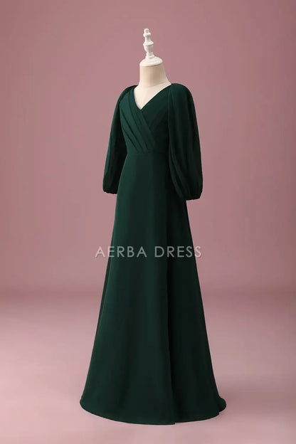 Junior Bridesmaid Dress A-Line V Neck Long Sleeves Pleated Elegant Long Girl Formal Dress