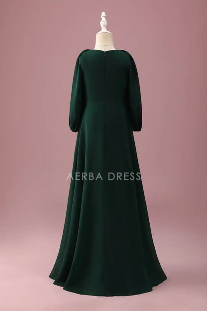 Junior Bridesmaid Dress A-Line V Neck Long Sleeves Pleated Elegant Long Girl Formal Dress