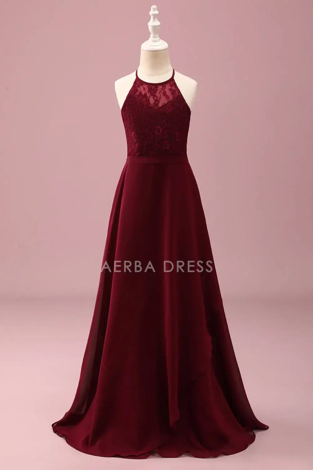 Junior Bridesmaid Dress A Line Halter Sleeveless Backless Lace Fashion Long Girl Formal Dress