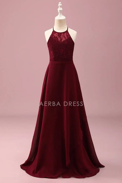 Junior Bridesmaid Dress A Line Halter Sleeveless Backless Lace Fashion Long Girl Formal Dress