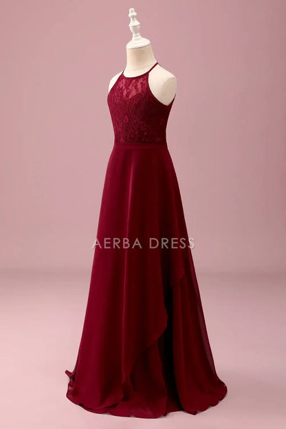 Junior Bridesmaid Dress A Line Halter Sleeveless Backless Lace Fashion Long Girl Formal Dress