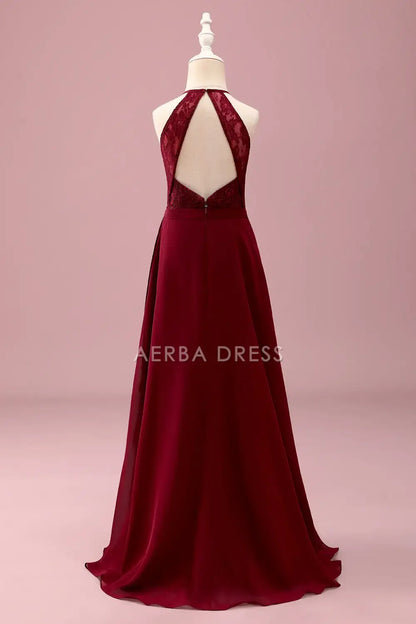 Junior Bridesmaid Dress A Line Halter Sleeveless Backless Lace Fashion Long Girl Formal Dress