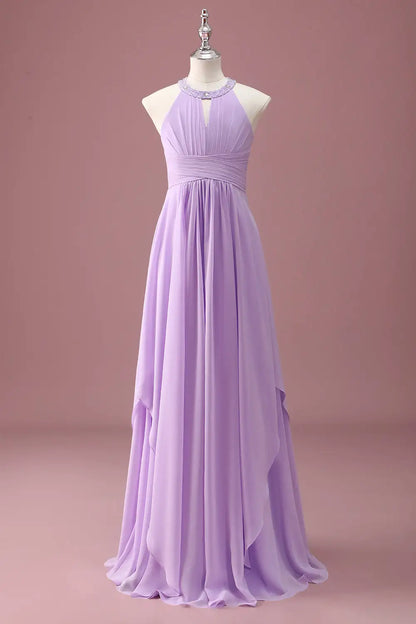 Junior Bridesmaid Dress A Line Halter Sleeveless Beaded Keyhole Pleated Exquisite Long Girl Formal Dress