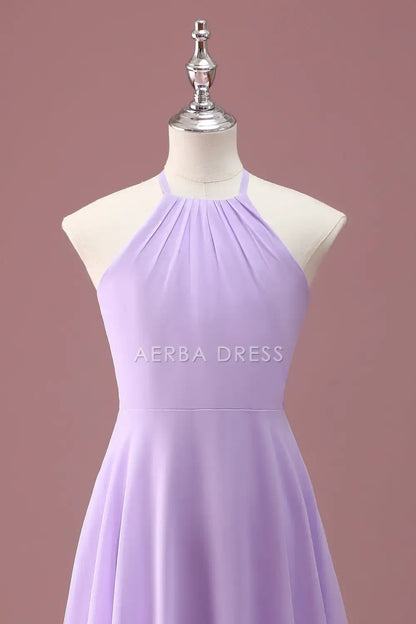 Junior Bridesmaid Dress A Line Halter Sleeveless Ruched Elegant Simple Girl Formal Dress
