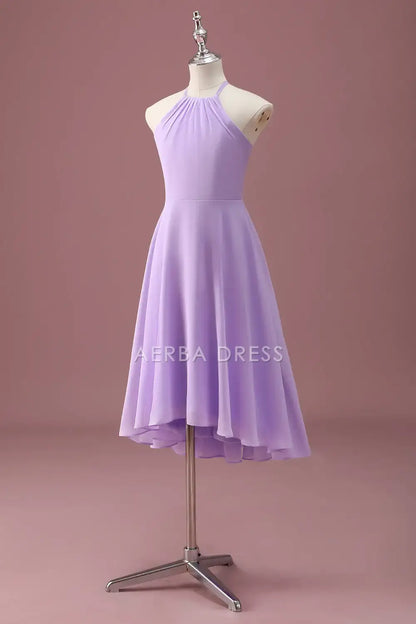 Junior Bridesmaid Dress A Line Halter Sleeveless Ruched Elegant Simple Girl Formal Dress