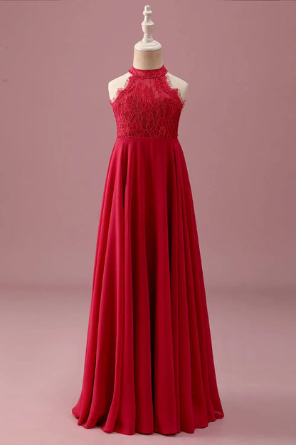 Junior Bridesmaid Dress A Line Lace Halter Sleeveless Red Ruched Backless Fashion Girl Formal Dress