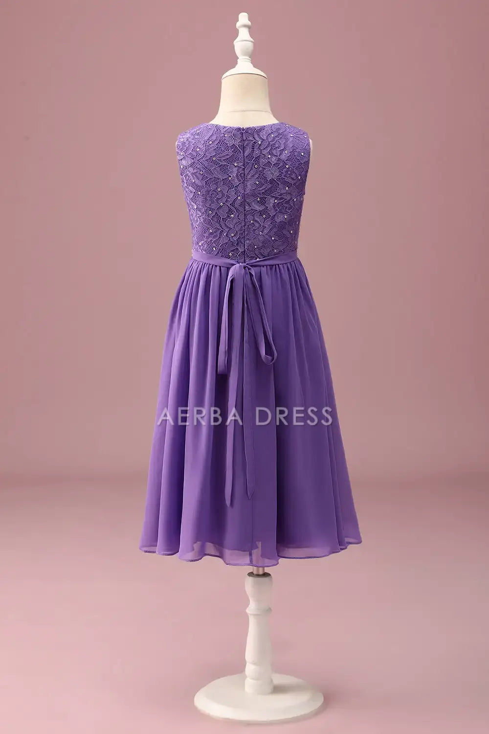 Junior Bridesmaid Dress A Line Lace Round Neck Sleeveless Rhinestone Belt Ruched Exquisite Girl Formal Dress