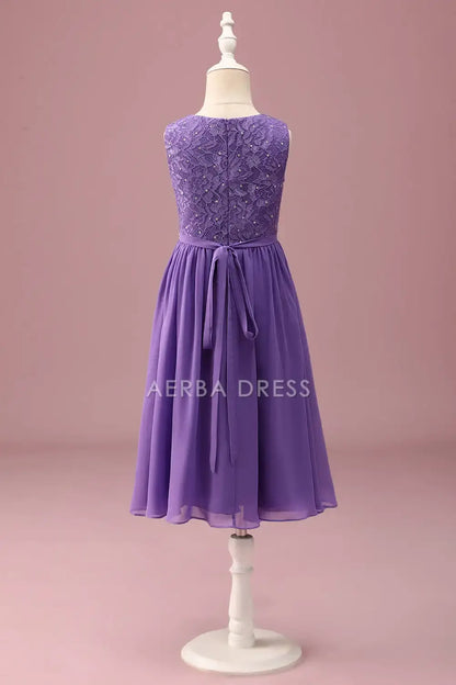 Junior Bridesmaid Dress A Line Lace Round Neck Sleeveless Rhinestone Belt Ruched Exquisite Girl Formal Dress