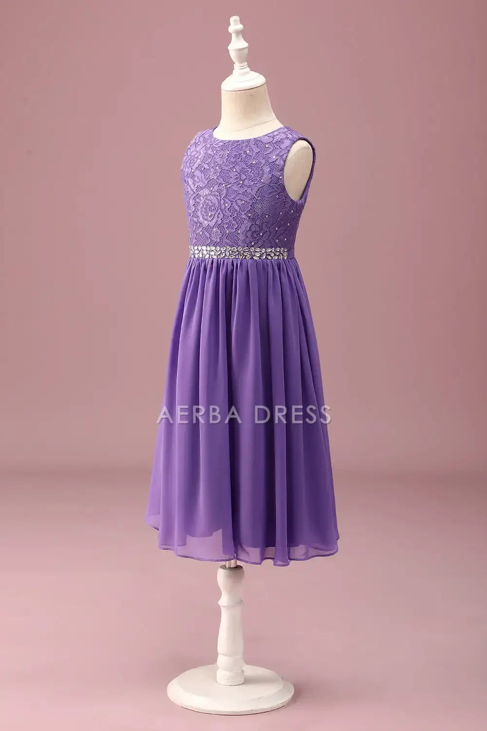 Junior Bridesmaid Dress A Line Lace Round Neck Sleeveless Rhinestone Belt Ruched Exquisite Girl Formal Dress