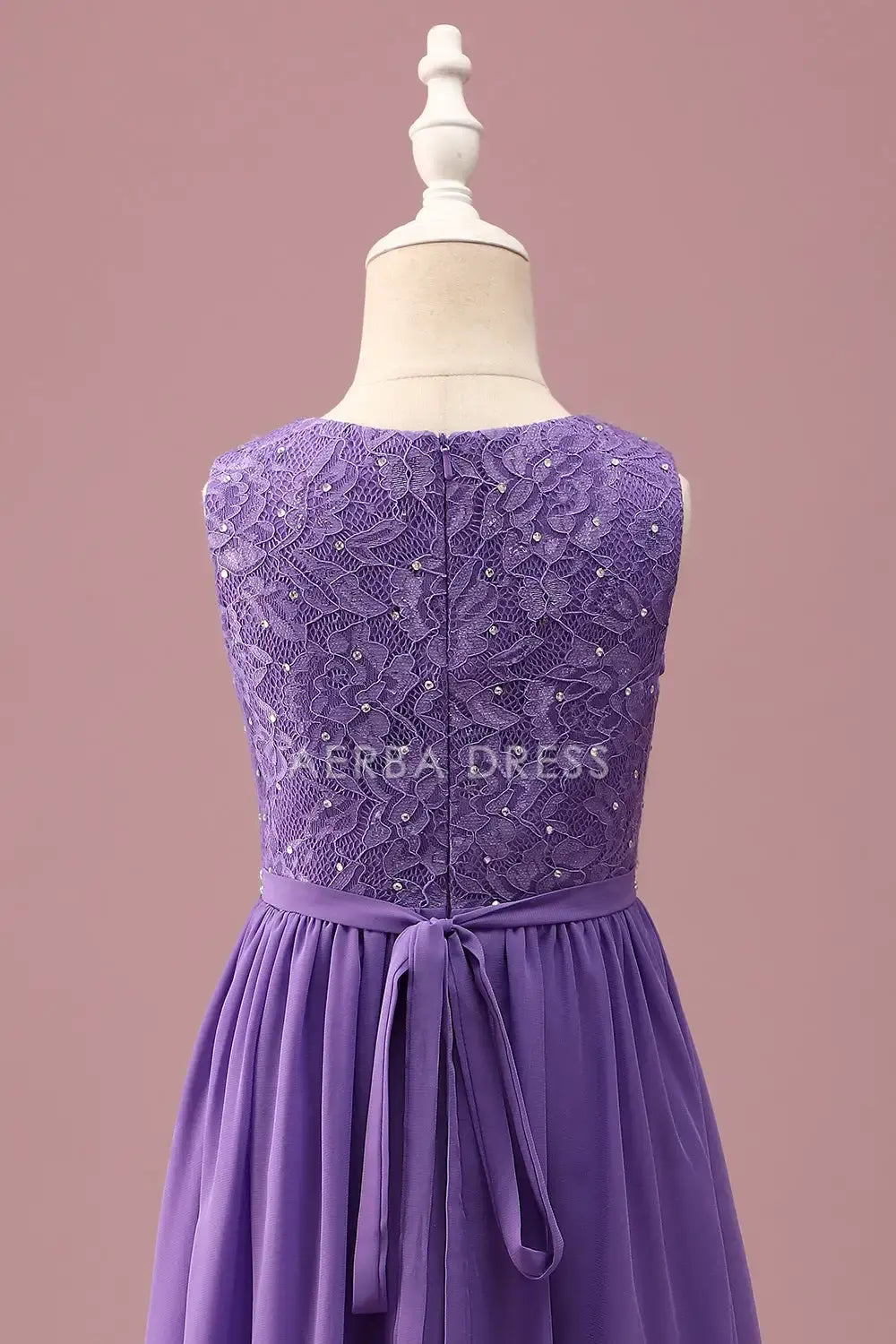 Junior Bridesmaid Dress A Line Lace Round Neck Sleeveless Rhinestone Belt Ruched Exquisite Girl Formal Dress