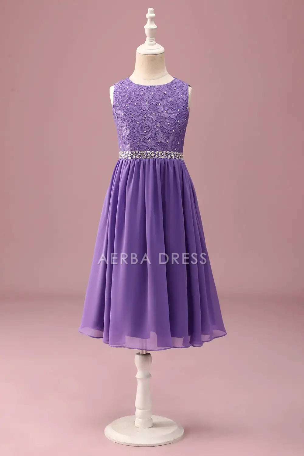Junior Bridesmaid Dress A Line Lace Round Neck Sleeveless Rhinestone Belt Ruched Exquisite Girl Formal Dress