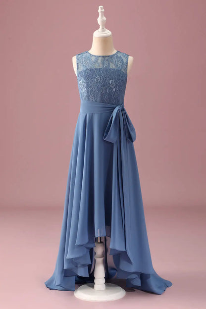 Junior Bridesmaid Dress  A Line Lace Round Neck Sleeveless Ruffles With Belt High Low Hemline Girl Formal Dress