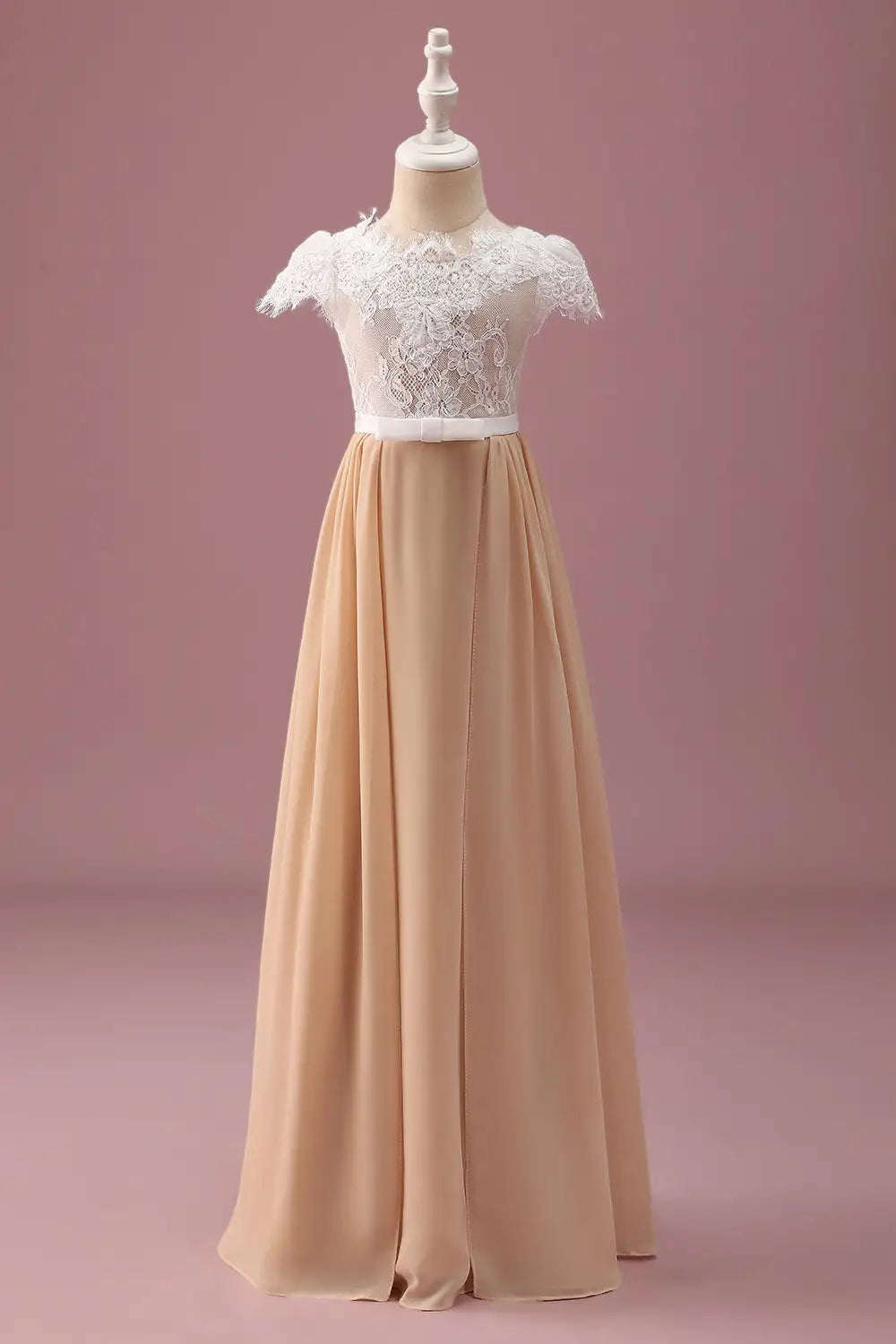 Junior Bridesmaid Dress A Line Round Neck Cap Sleeve Pleated Lace Retro Long Girl Formal Dress