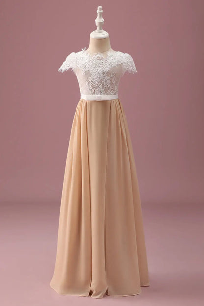 Junior Bridesmaid Dress A Line Round Neck Cap Sleeve Pleated Lace Retro Long Girl Formal Dress
