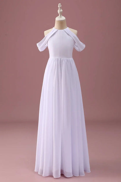 Junior Bridesmaid Dress A Line Round Neck Off The Shoulder Ruched Elegant Simple Long Girl Formal Dress