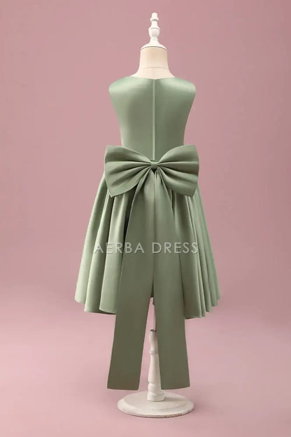 Junior Bridesmaid Dress A Line Round Neck Sleeveless Ruched Bow Exquisite Cute Girl Formal Dress
