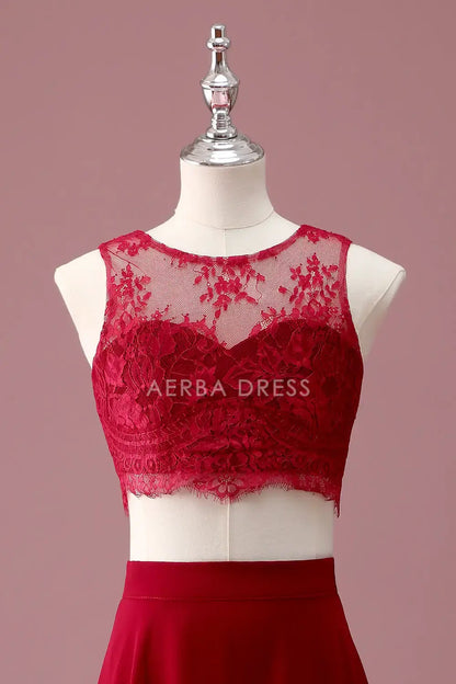 Junior Bridesmaid Dress A Line Round Neck Two Piece Set Lace Crop Top Fashion Long Girl Formal Dress