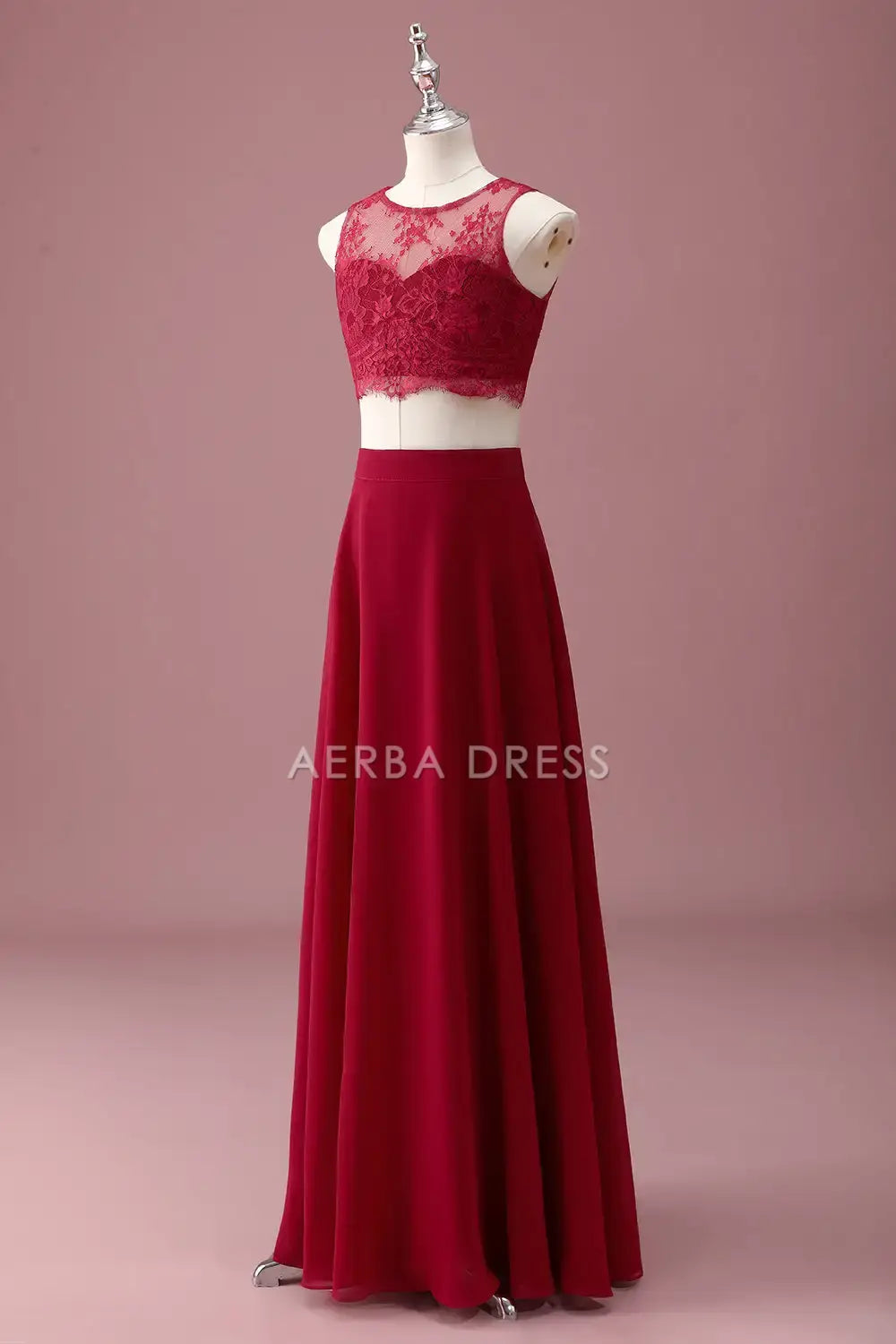 Junior Bridesmaid Dress A Line Round Neck Two Piece Set Lace Crop Top Fashion Long Girl Formal Dress