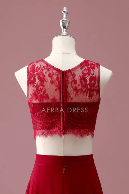 Junior Bridesmaid Dress A Line Round Neck Two Piece Set Lace Crop Top Fashion Long Girl Formal Dress