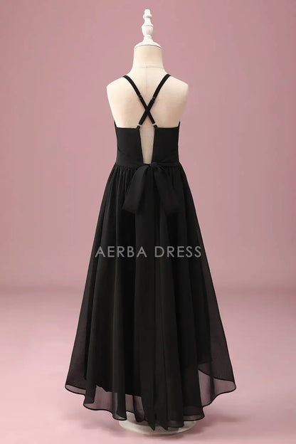 Junior Bridesmaid Dress A Line Spaghetti Strap Round Neck Backless Ruched High Low With Belt Fashion Girl Formal Dress