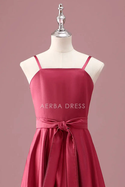 Junior Bridesmaid Dress A Line Spaghetti Straps Ruched Bow Lace up Elegant Girl Formal Dress