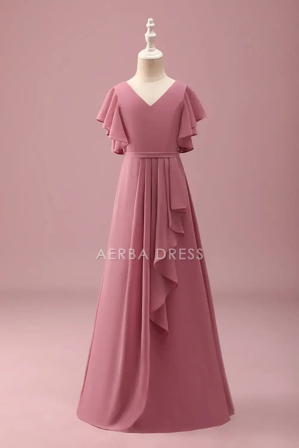 Junior Bridesmaid Dress A Line V Neck Flowy Sleeve Ruched Exquisite Girl Formal Dress