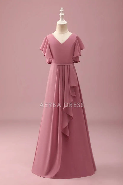 Junior Bridesmaid Dress A Line V Neck Flowy Sleeve Ruched Exquisite Girl Formal Dress