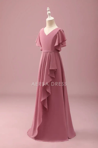 Junior Bridesmaid Dress A Line V Neck Flowy Sleeve Ruched Exquisite Girl Formal Dress