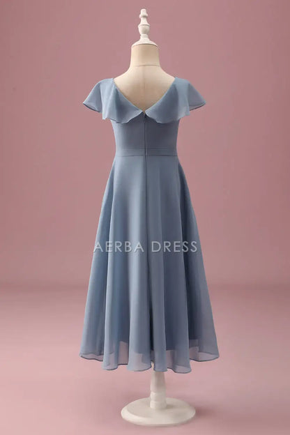Junior Bridesmaid Dress  A Line V Neck Flutter Sleeves Wrap Ruched Exquisite Cute Short Girl Formal Dress